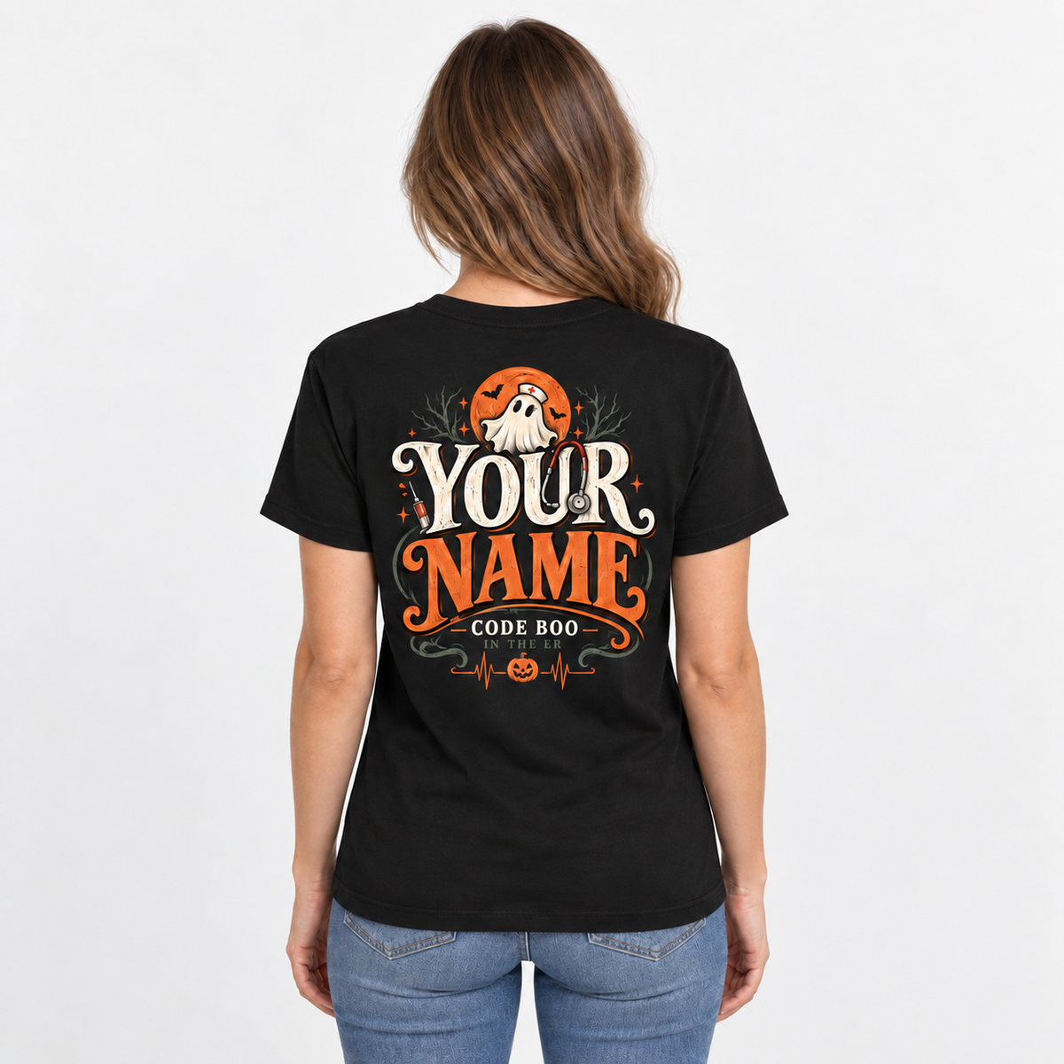 Custom Name Nurse Ghost Halloween Cute Retro Graphic Tee Code Boo in the ER