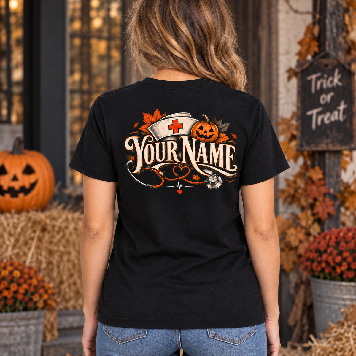 Personalized Nurse Halloween Shirt with Stethoscope Pumpkin and Custom Name