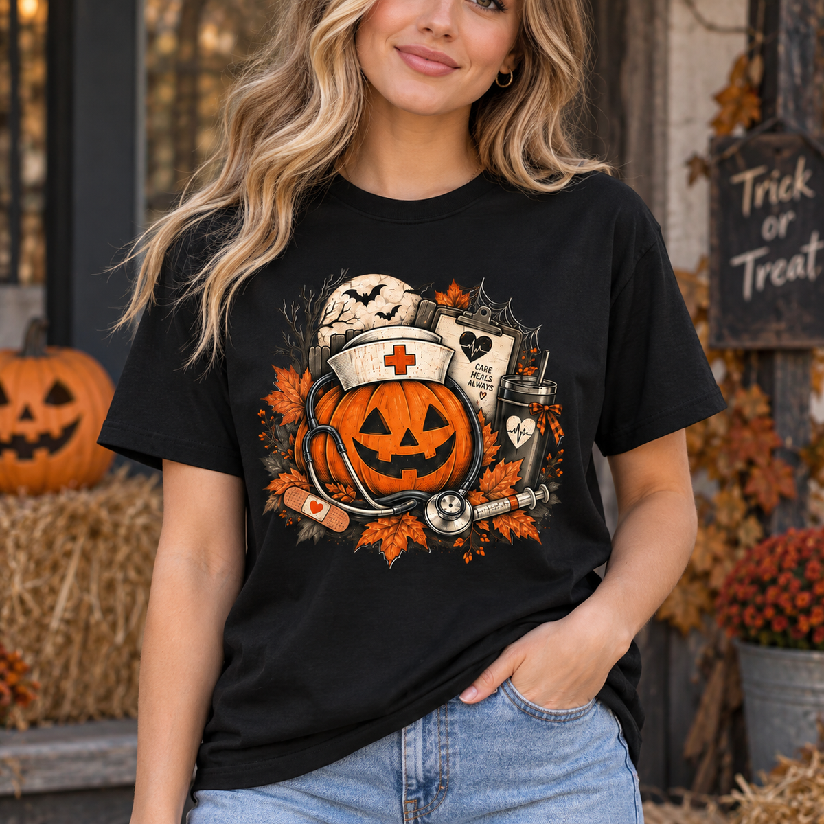 Personalized Nurse Halloween Shirt with Stethoscope Pumpkin and Custom Name