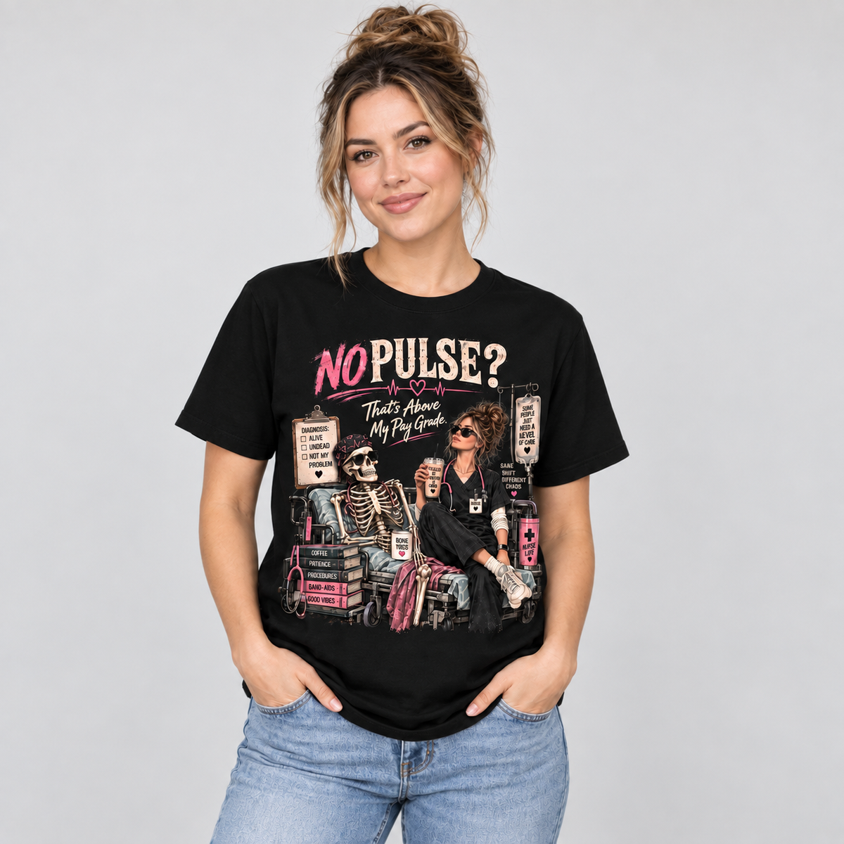 Nurse Skeleton No Pulse Graphic T-Shirt for Women Personalized Medical Shirt
