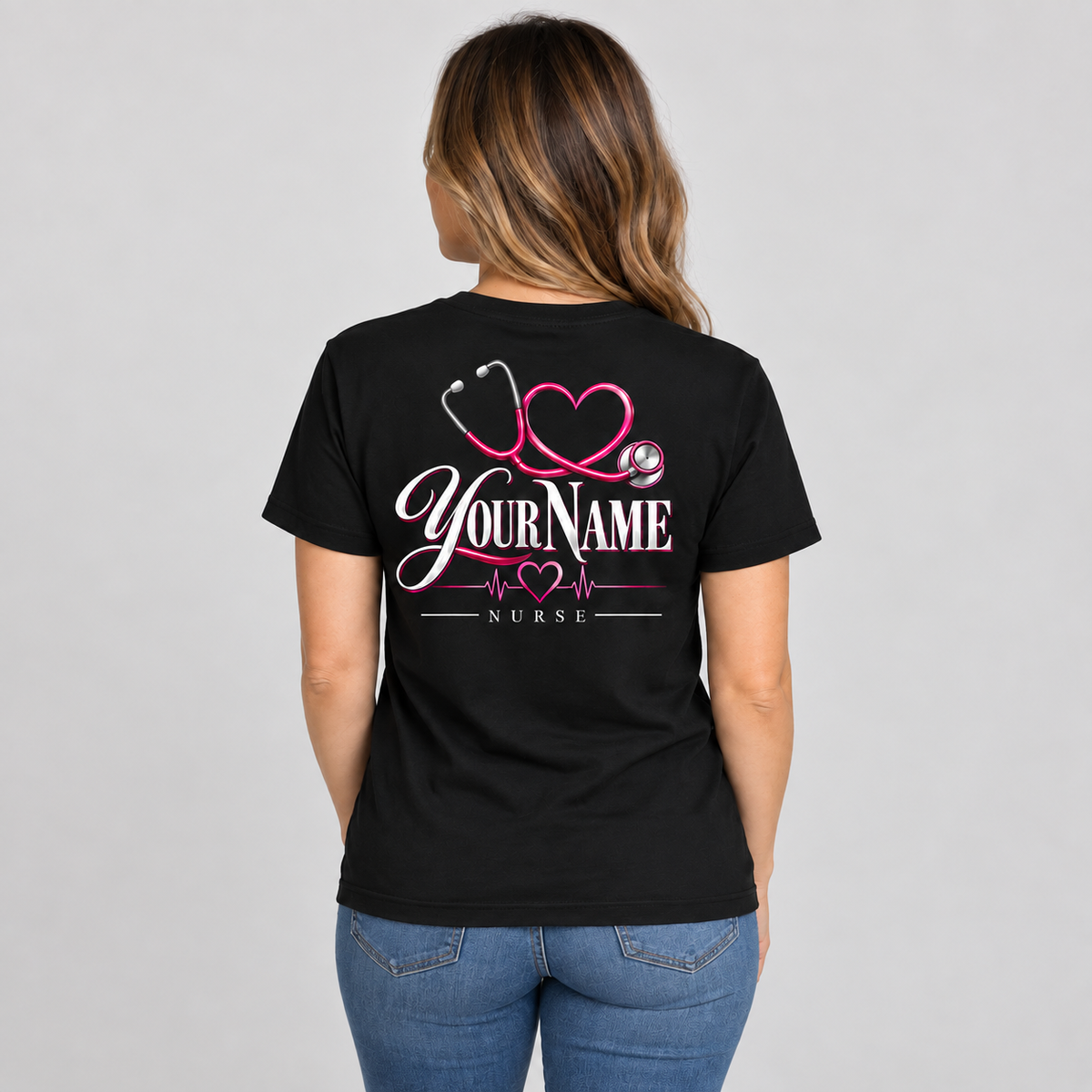 Nurse Stethoscope Shirt Personalize Name Black Cotton Tee Gift for RN Women