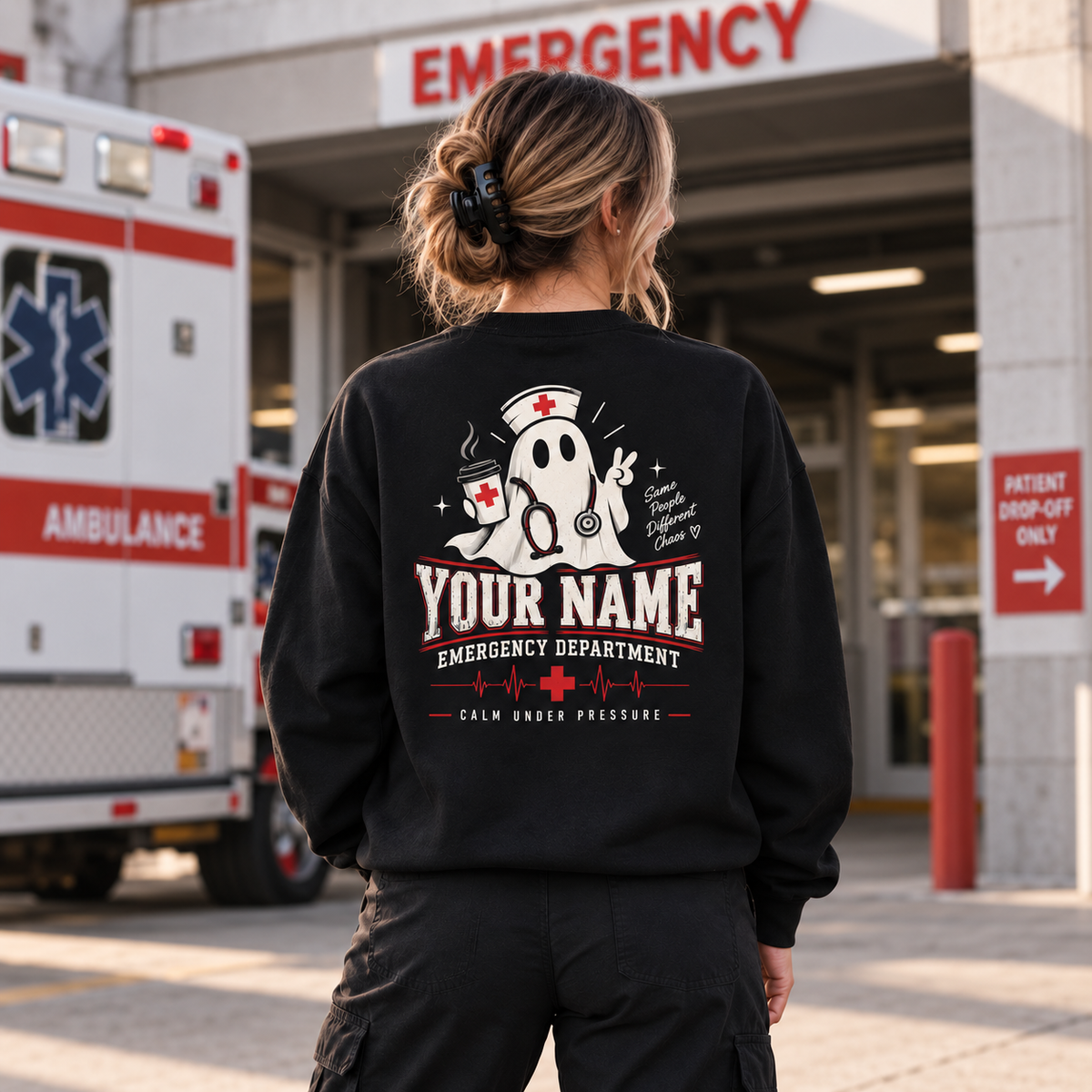 Emergency Department Ghost Nurse Sweatshirt for Custom Halloween ER Staff Gift