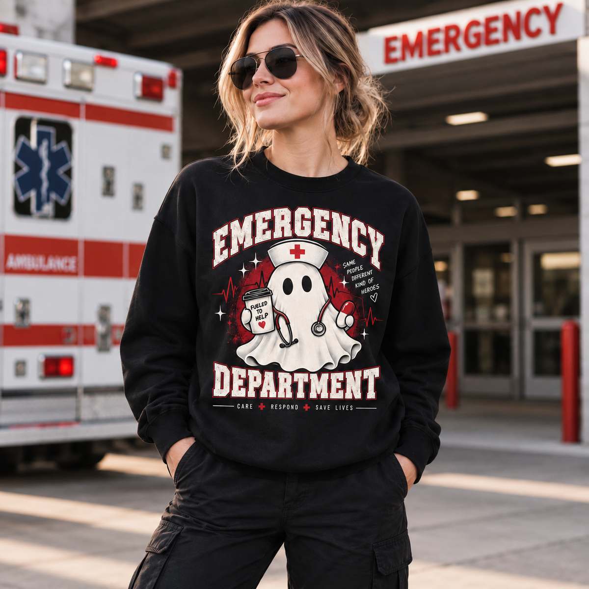 Emergency Department Ghost Nurse Sweatshirt for Custom Halloween ER Staff Gift
