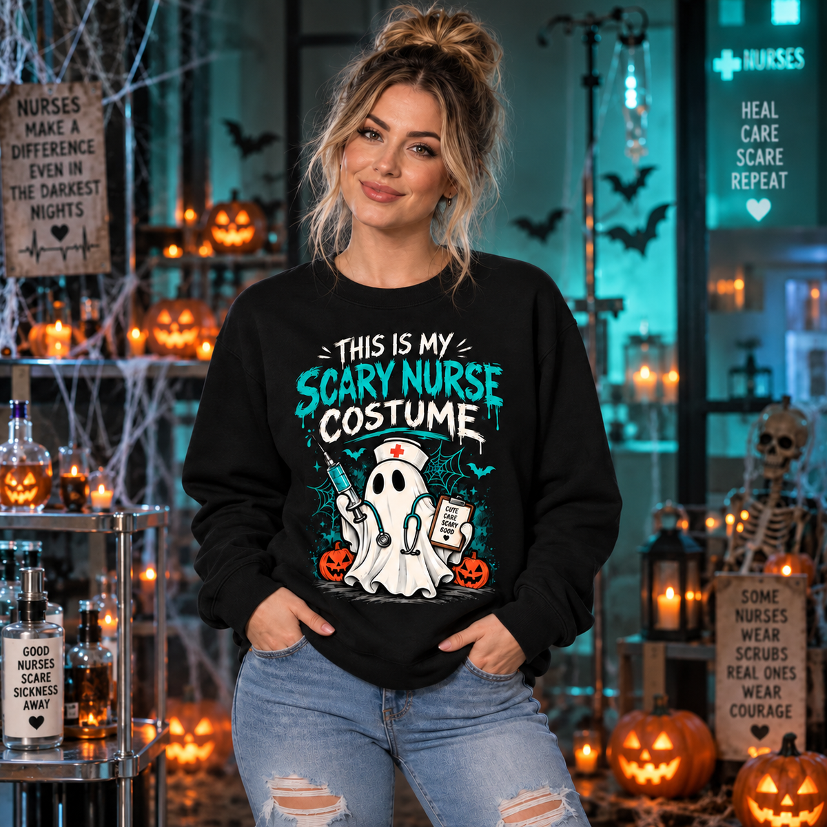 Scary Nurse Costume Custom Name Ghost Nurse Halloween Sweatshirt for Women