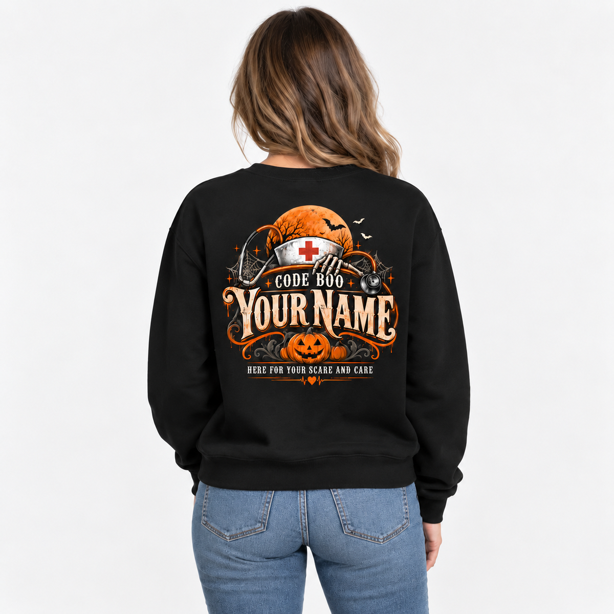 Code Boo Halloween Nurse Skeleton Sweatshirt Custom Name Spooky Nurse Gift