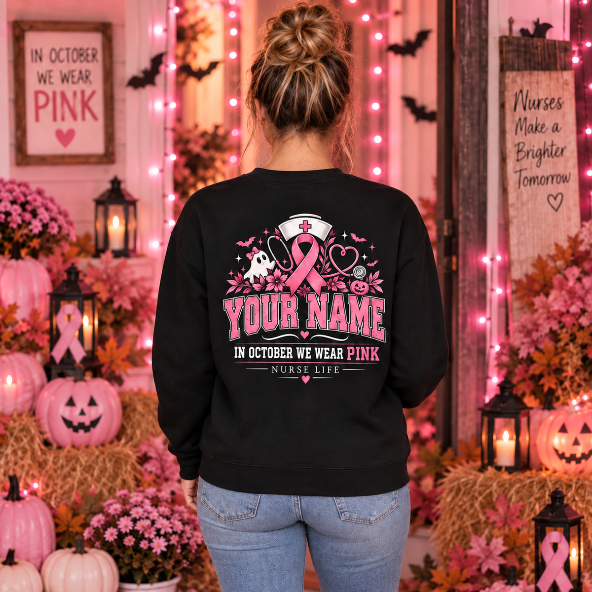 Custom Breast Cancer Nurse Ghost Sweatshirt in October We Wear Pink Apparel
