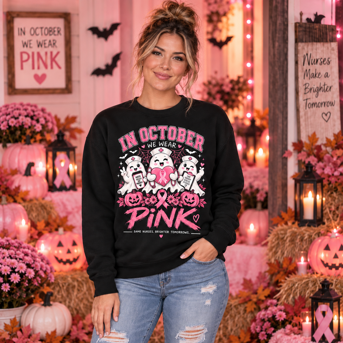 Custom Breast Cancer Nurse Ghost Sweatshirt in October We Wear Pink Apparel