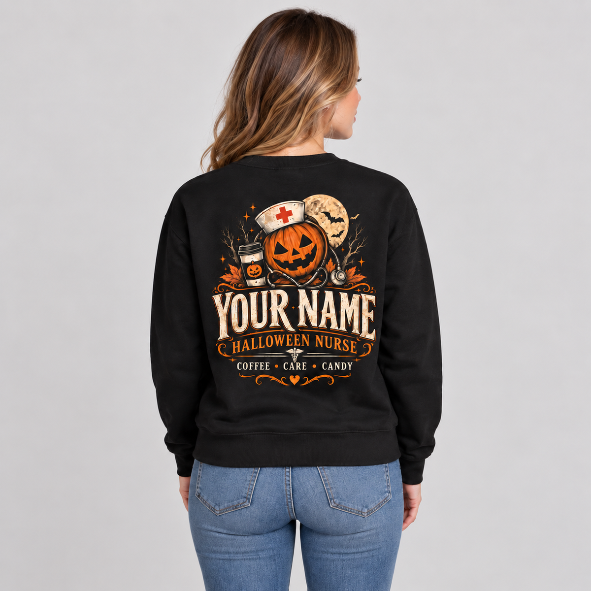 Personalized Nurse Halloween Sweatshirt with Pumpkin Head Shirt for Women