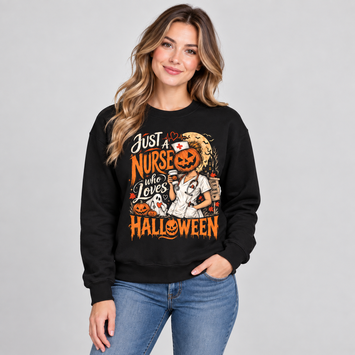 Personalized Nurse Halloween Sweatshirt with Pumpkin Head Shirt for Women