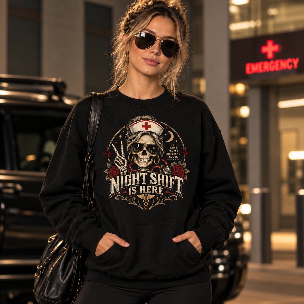 Night Shift Nurse Skull Sweatshirt Custom Personalized Healthcare Worker Shirt