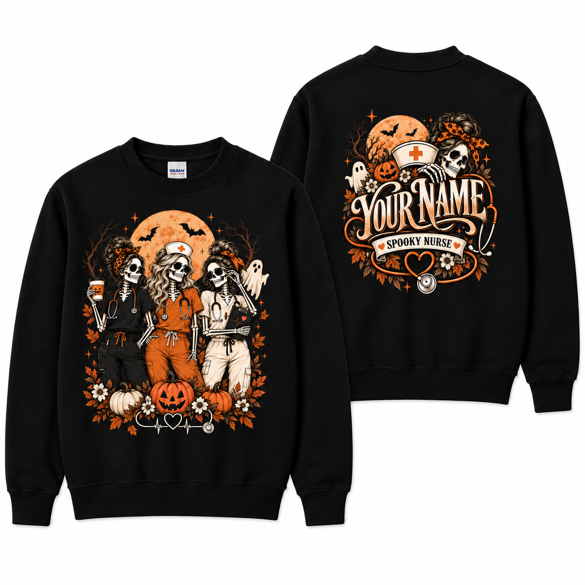 Custom Spooky Nurse Skeleton Halloween Sweatshirt for Women Fall Crewneck
