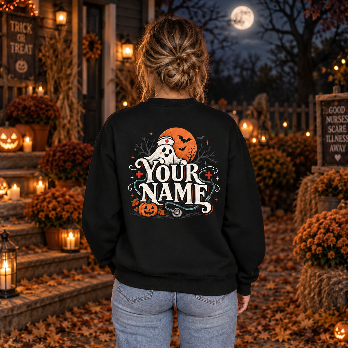 Halloween Nurse Ghost Sweatshirt Custom Nurse Name Gift for Cute Ghost Squad