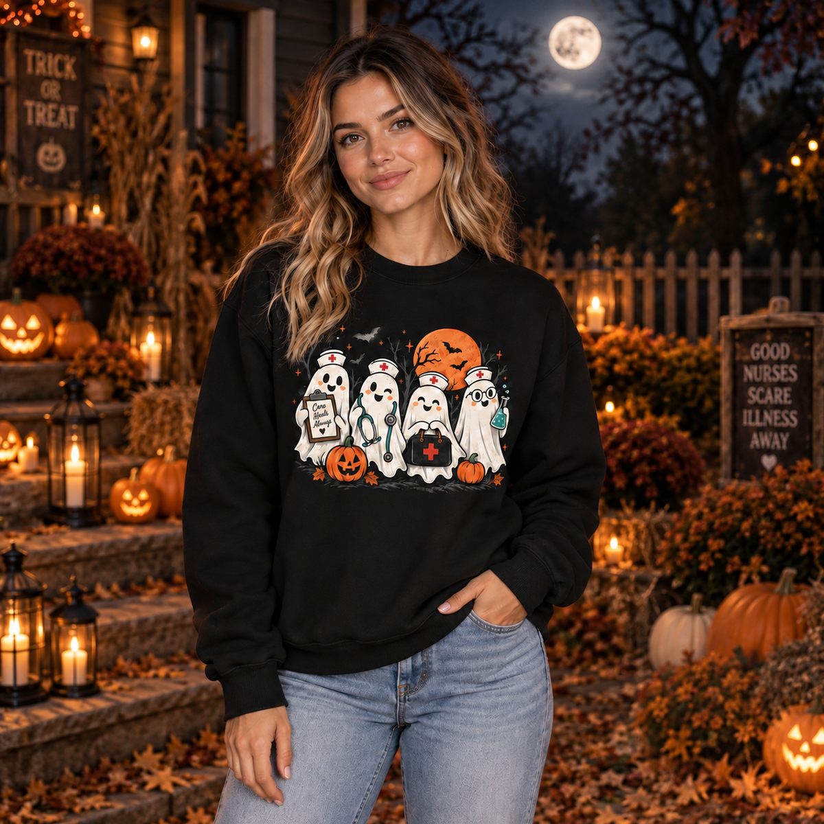 Halloween Nurse Ghost Sweatshirt Custom Nurse Name Gift for Cute Ghost Squad