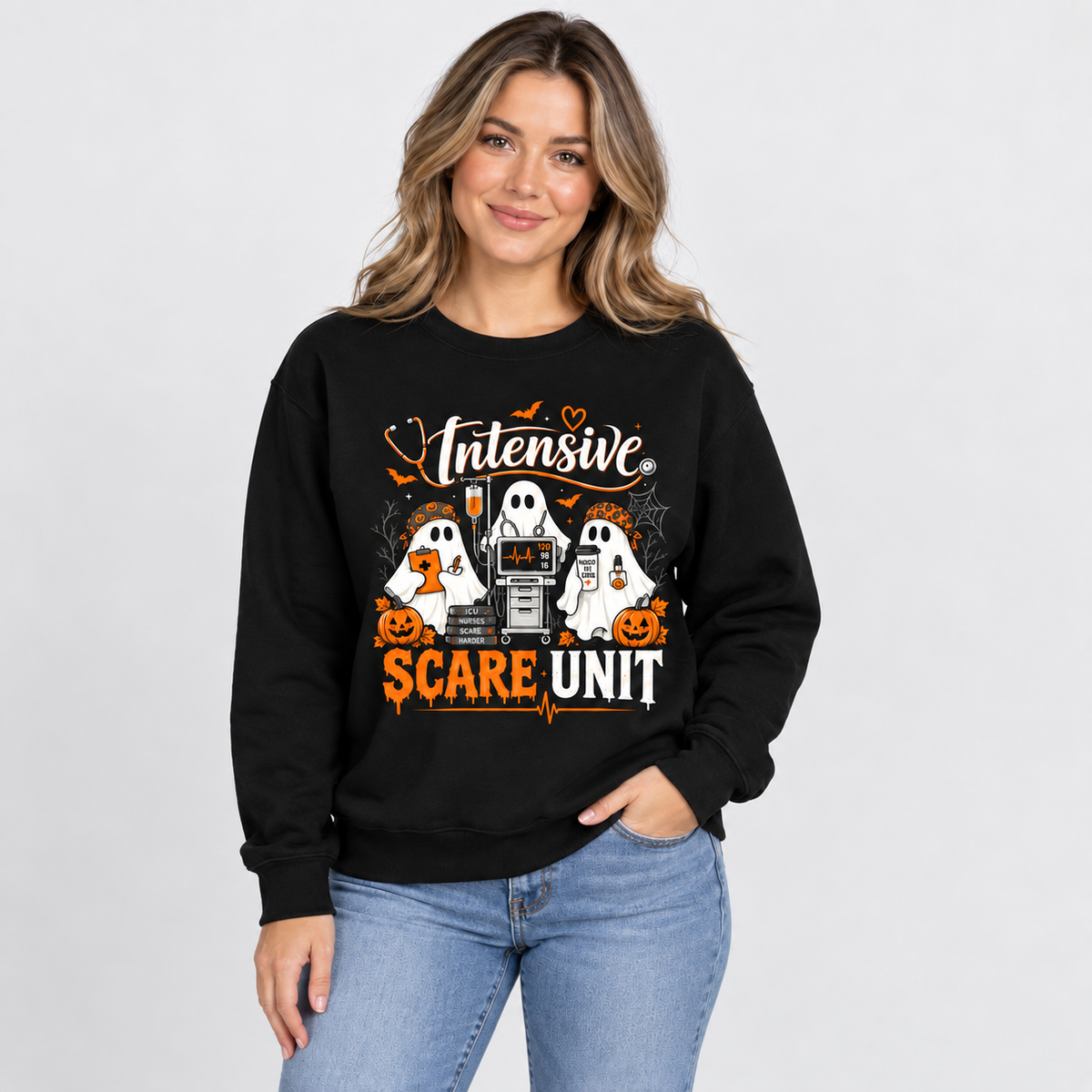 Custom Name Intensive Scare Unit Nurse Ghost Halloween Sweatshirt for Women