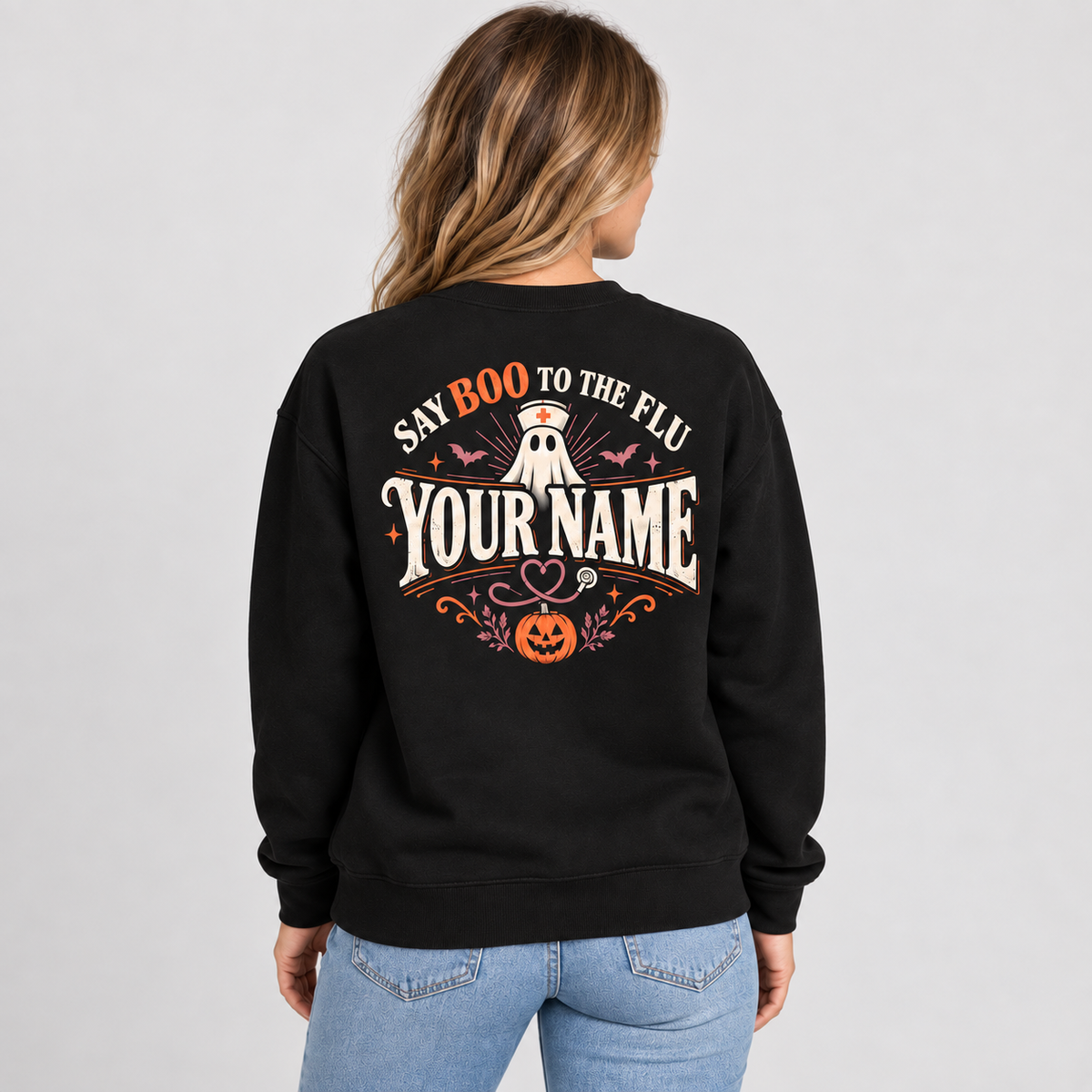 Custom Nurse Ghost Halloween Sweatshirt Say Boo to the Flu Nurse Shirt Pumpkin