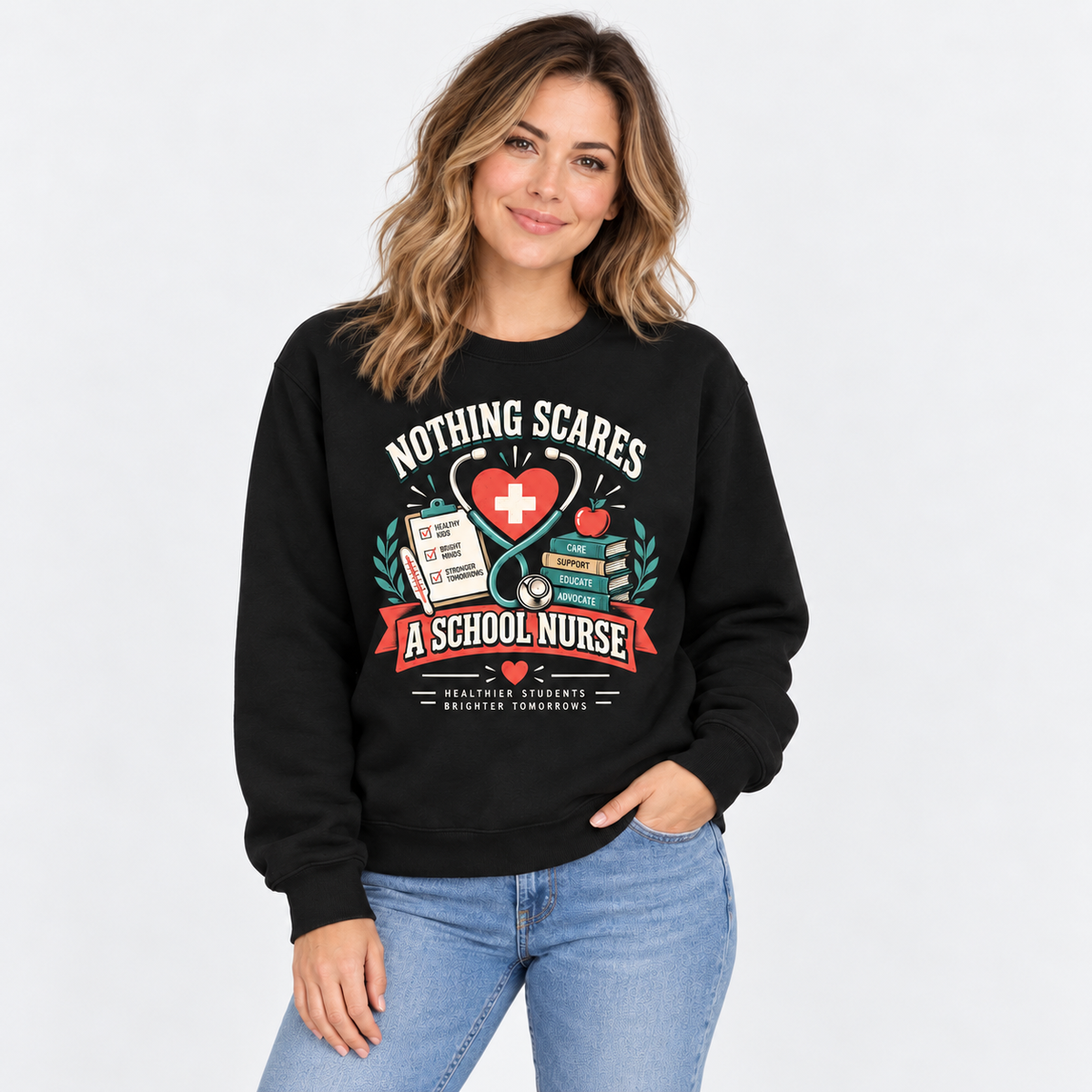 Nothing Scares a School Nurse Sweatshirt Custom Name Stethoscope Graphic Top