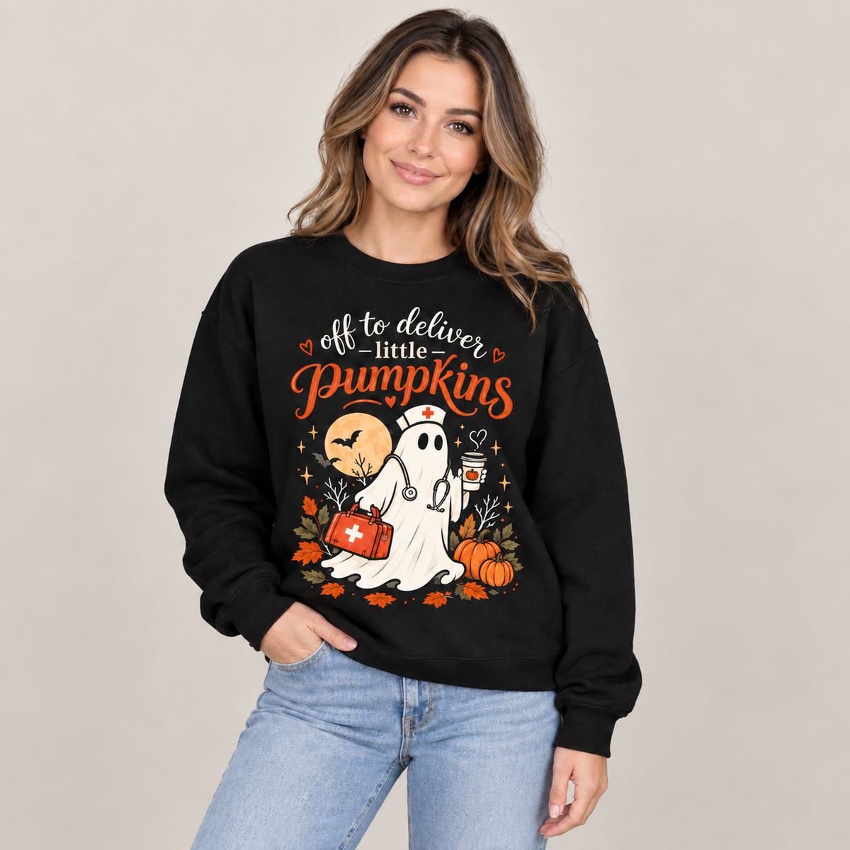 Ghost Nurse Halloween Off to Deliver Little Pumpkins Custom Sweatshirt