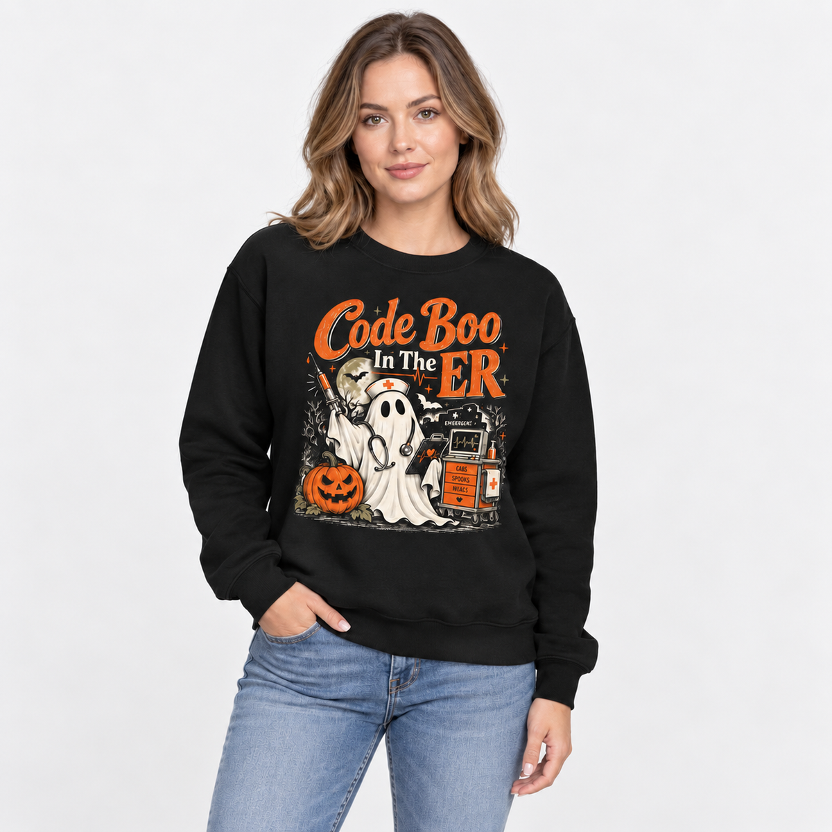 Custom ER Nurse Halloween Sweatshirt with Ghost Code Boo in the ER Shirt