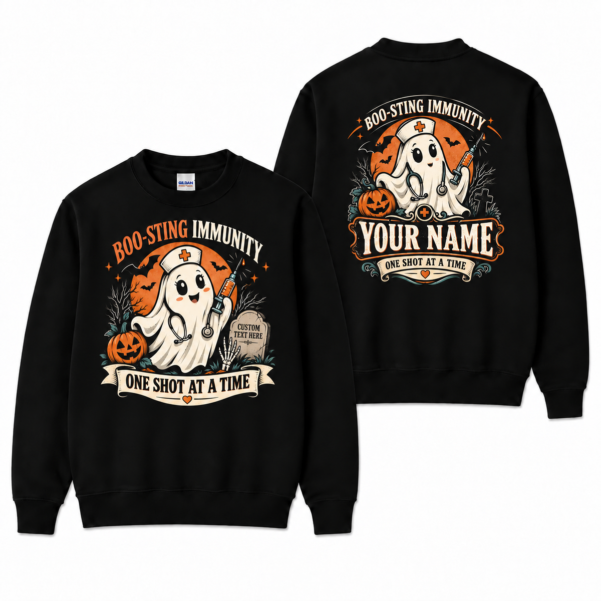Ghost Nurse Halloween Sweatshirt Boo-Sting Immunity Custom Name Nurse Gift