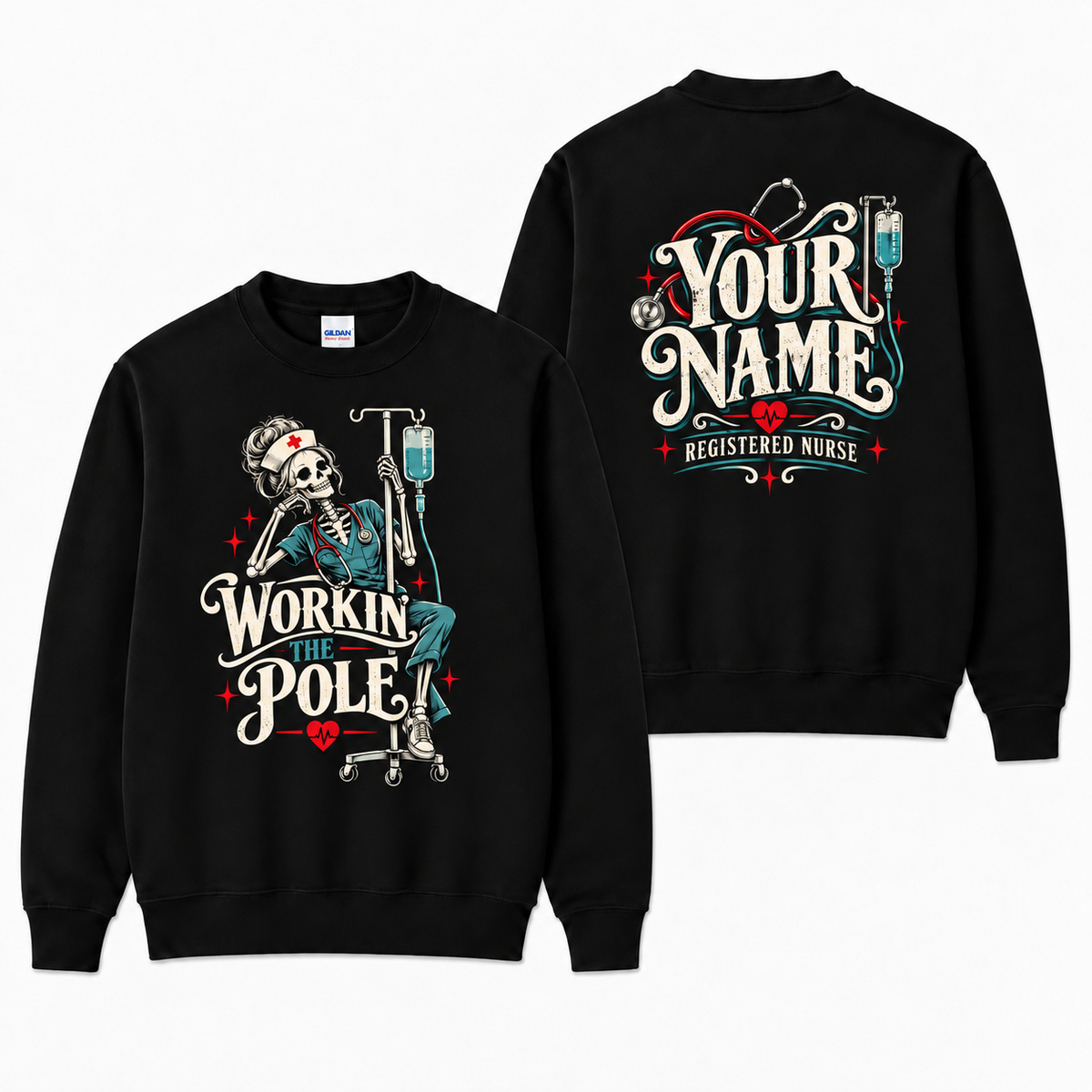 Registered Nurse Skeleton IV Pole Sweatshirt Custom Name