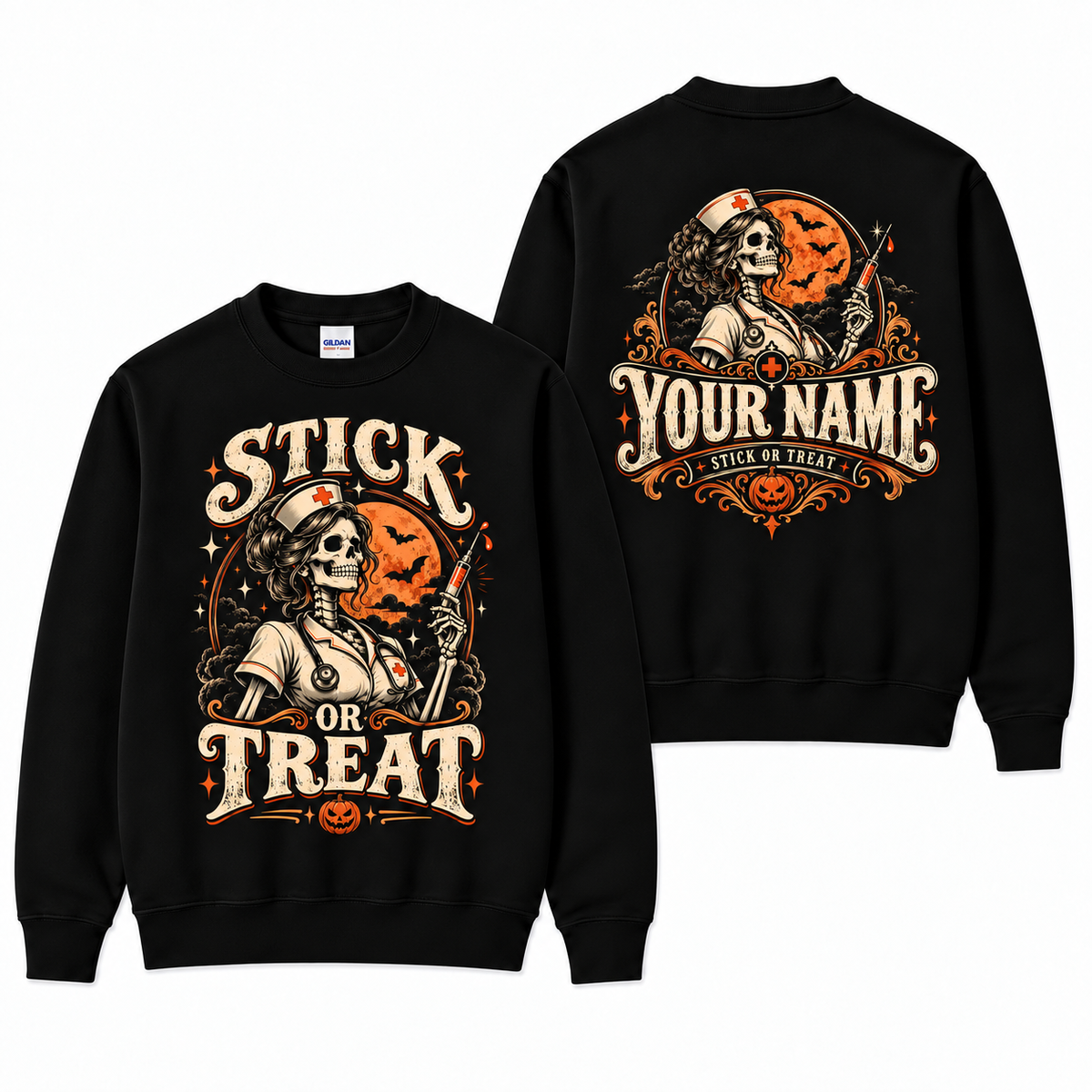 Halloween Skeleton Nurse Sweatshirt Custom Stick Or Treat spooky Apparel
