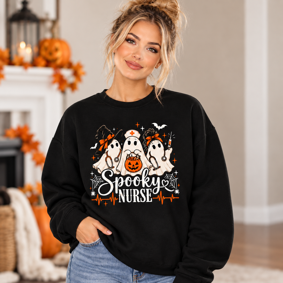 Spooky Nurse Ghost Halloween Custom Name Sweatshirt Gift For Women