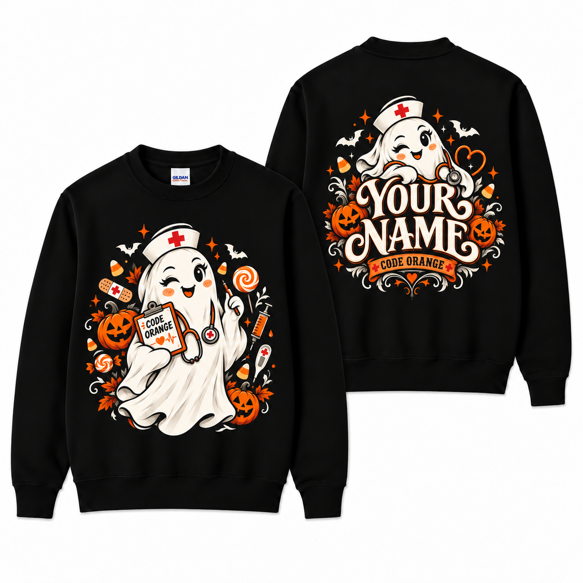 Cute Ghost Nurse Sweatshirt Halloween Code Orange Custom Name Shirt