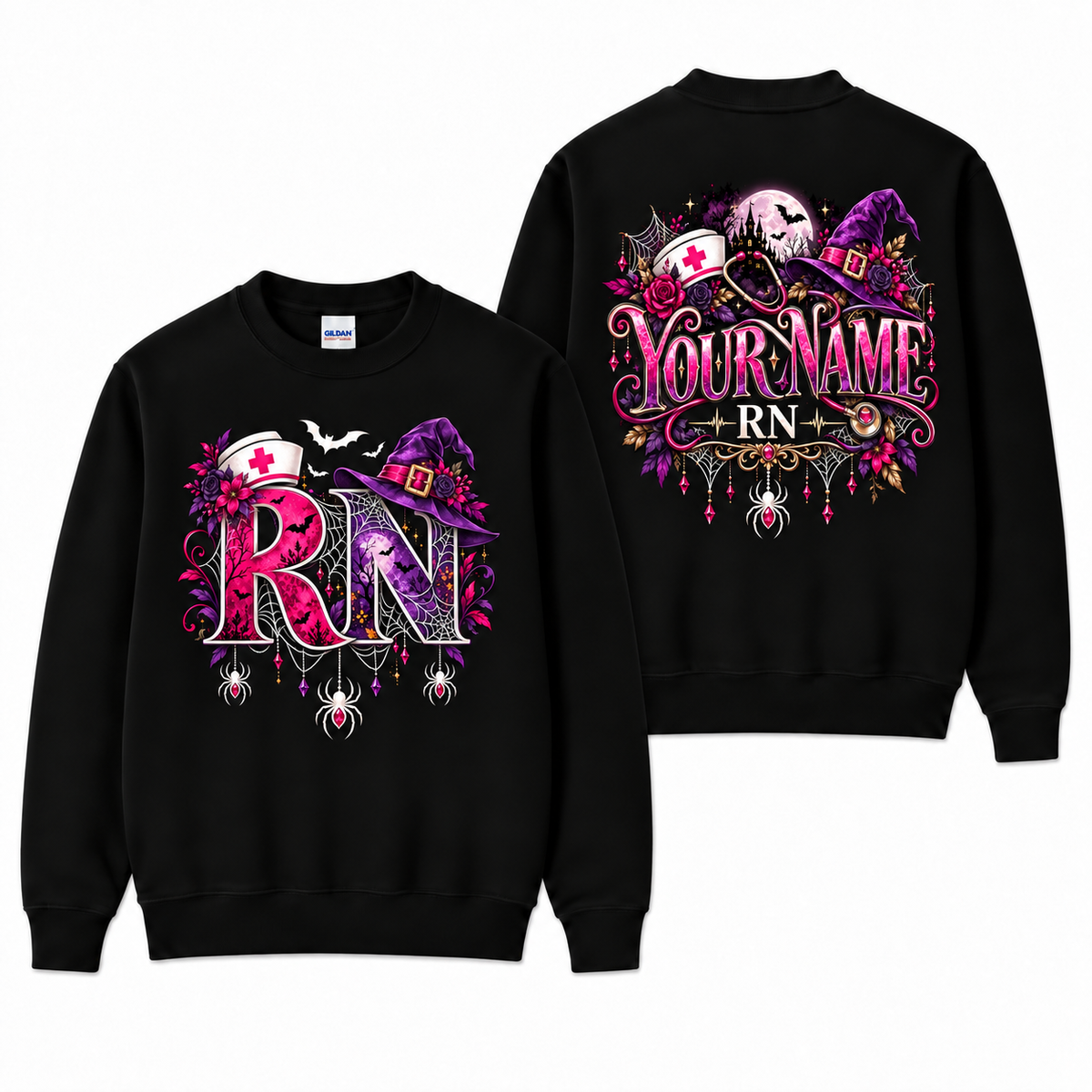 Halloween RN Witch Sweatshirt Customized Nurse Shirt With Spiders And Bats