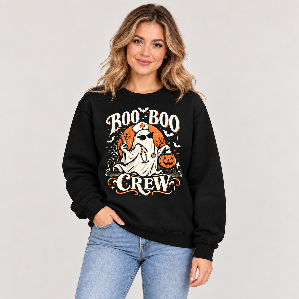 Spooky Nurse Halloween Sweatshirt Boo Boo Crew Ghost Custom Name