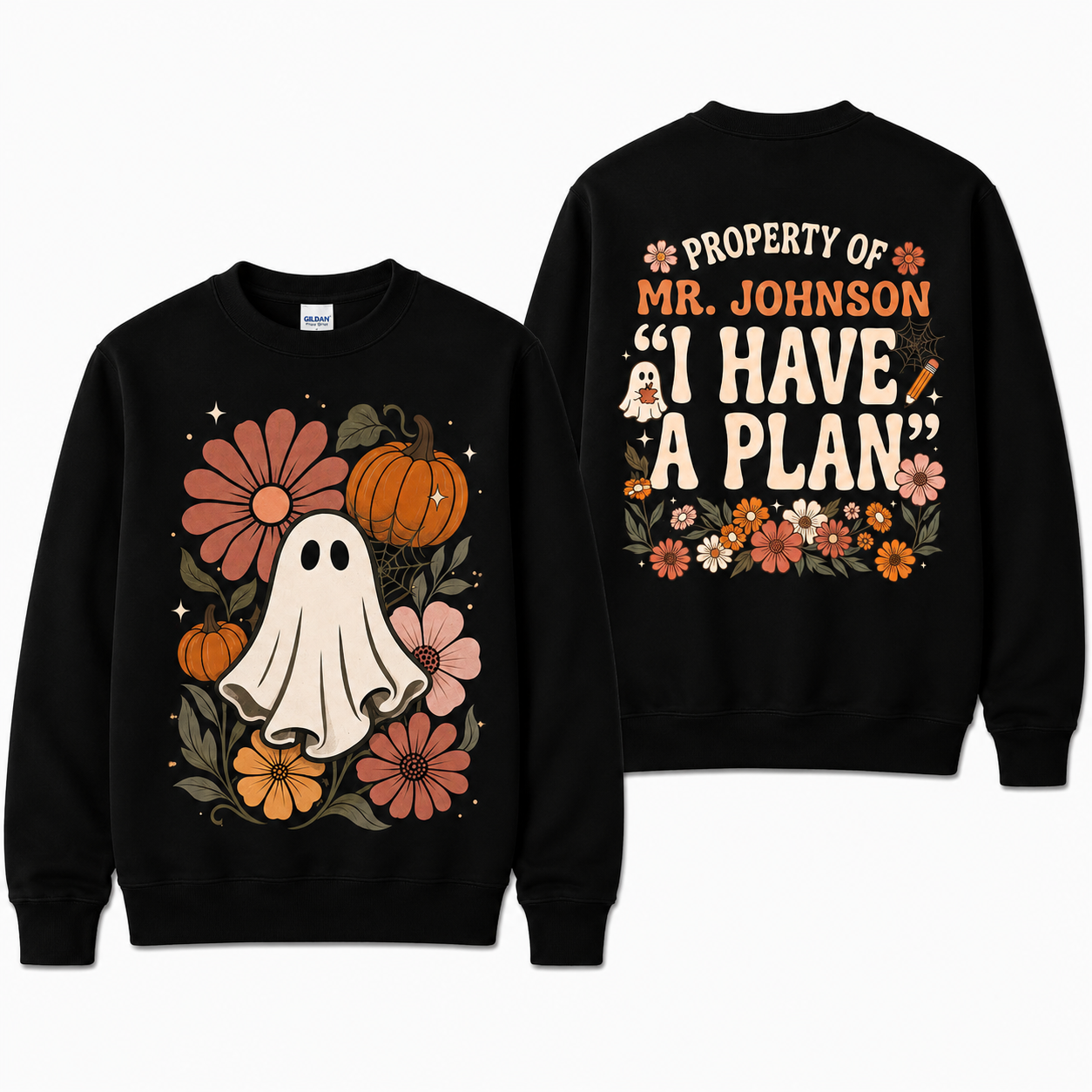 Custom Retro Halloween Teacher Sweatshirt I Have A Plan Ghost Pumpkin
