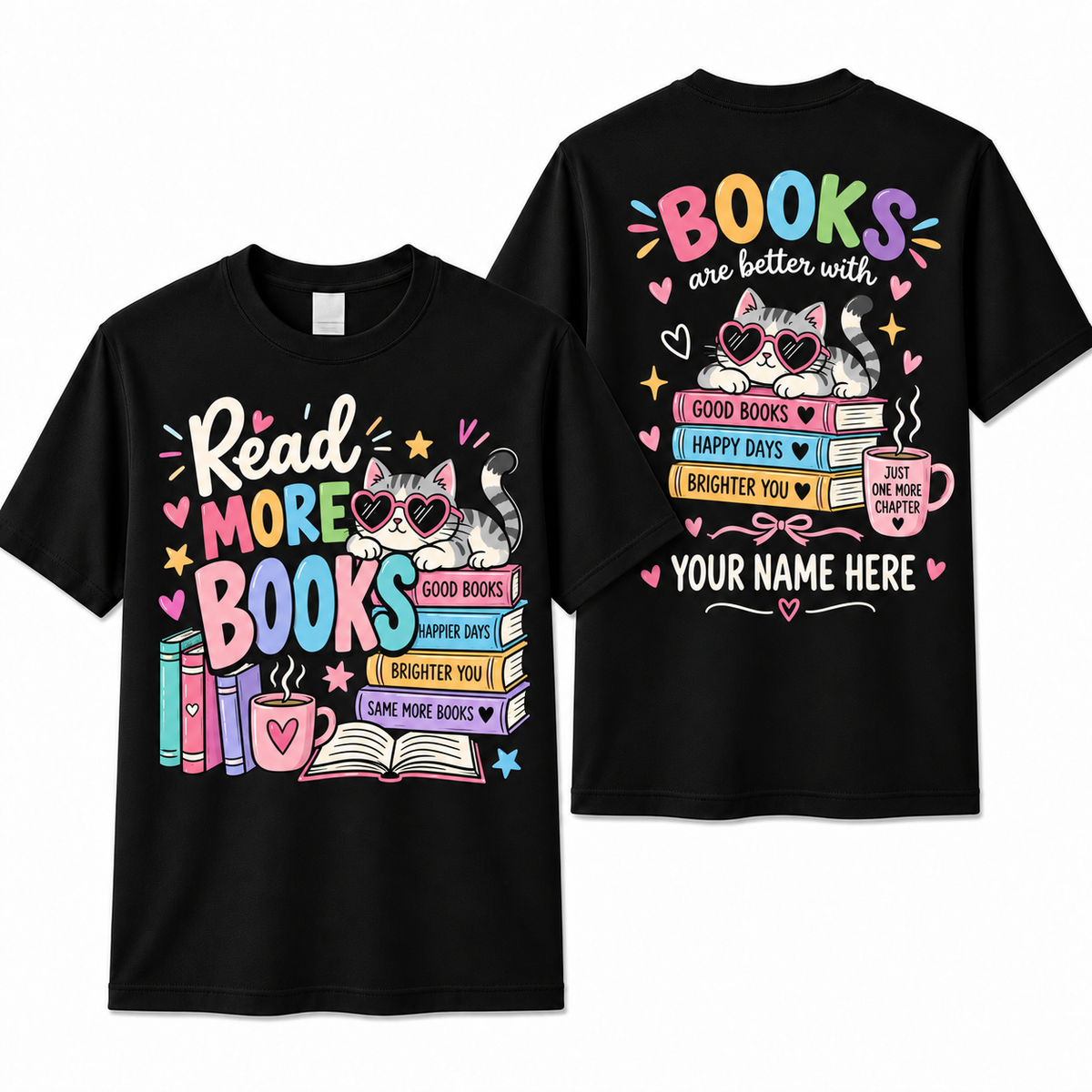 Custom Read More Books Cat Teacher T-Shirt Personalized Name Book Lover Gift