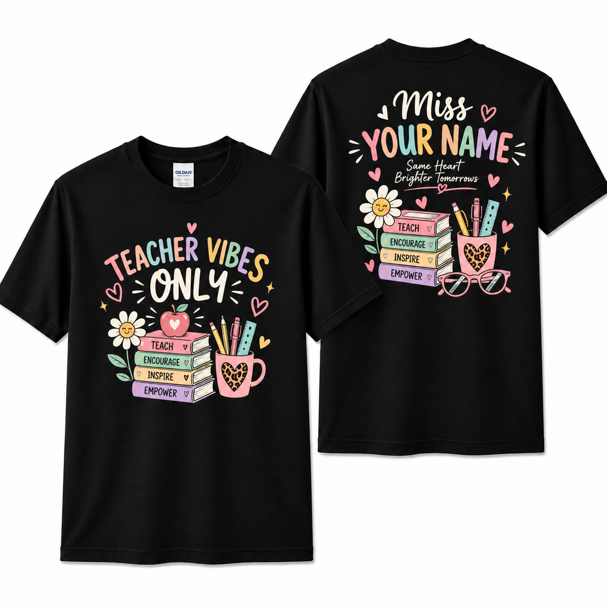 Personalized Teacher Shirt Teacher Vibes Only Books Glasses Custom Name Tee