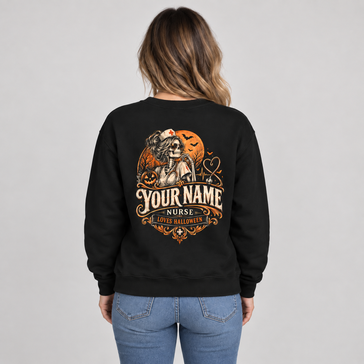 Nurse Halloween Skeleton Sweatshirt Custom Name Pumpkin Shirt Gift for Women