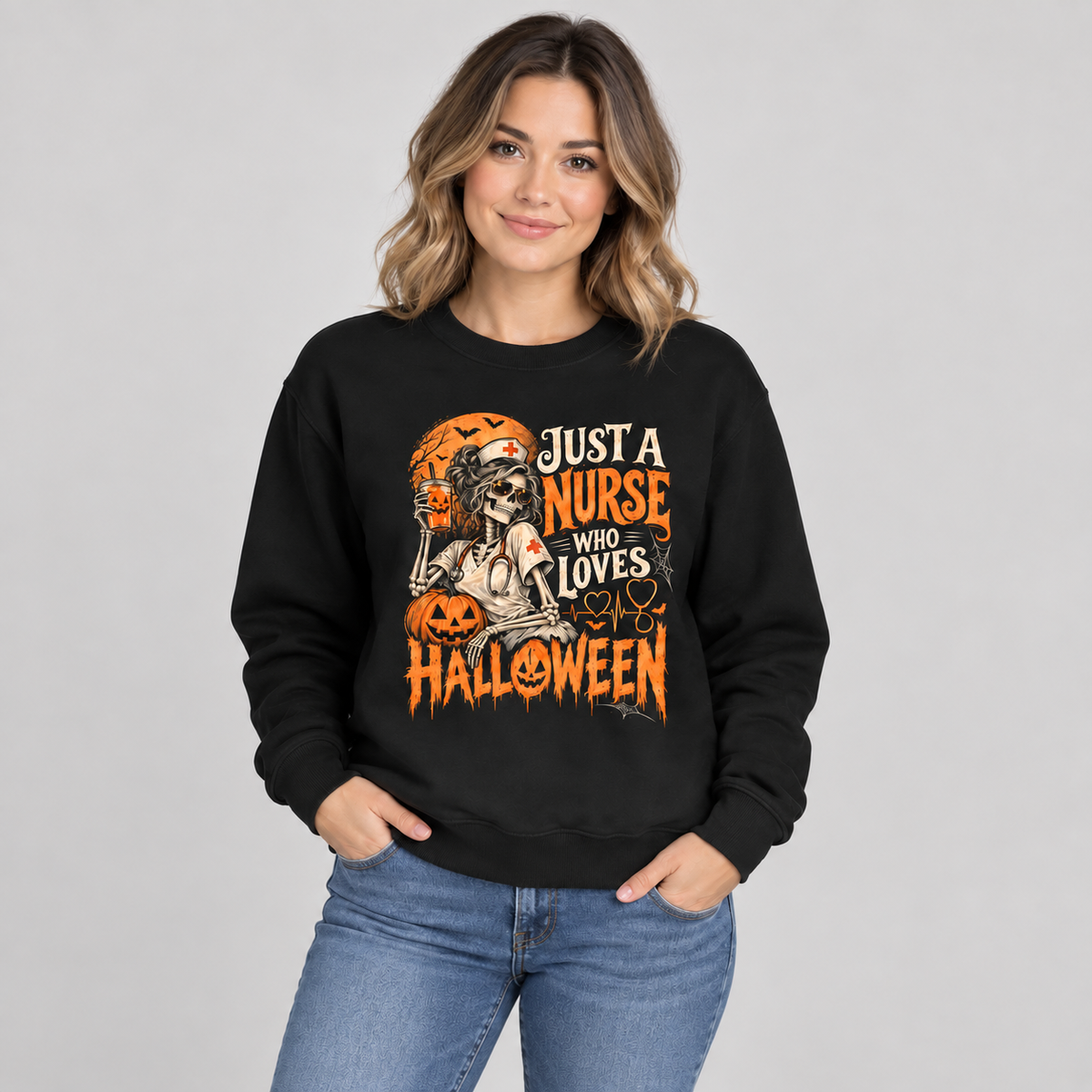 Nurse Halloween Skeleton Sweatshirt Custom Name Pumpkin Shirt Gift for Women