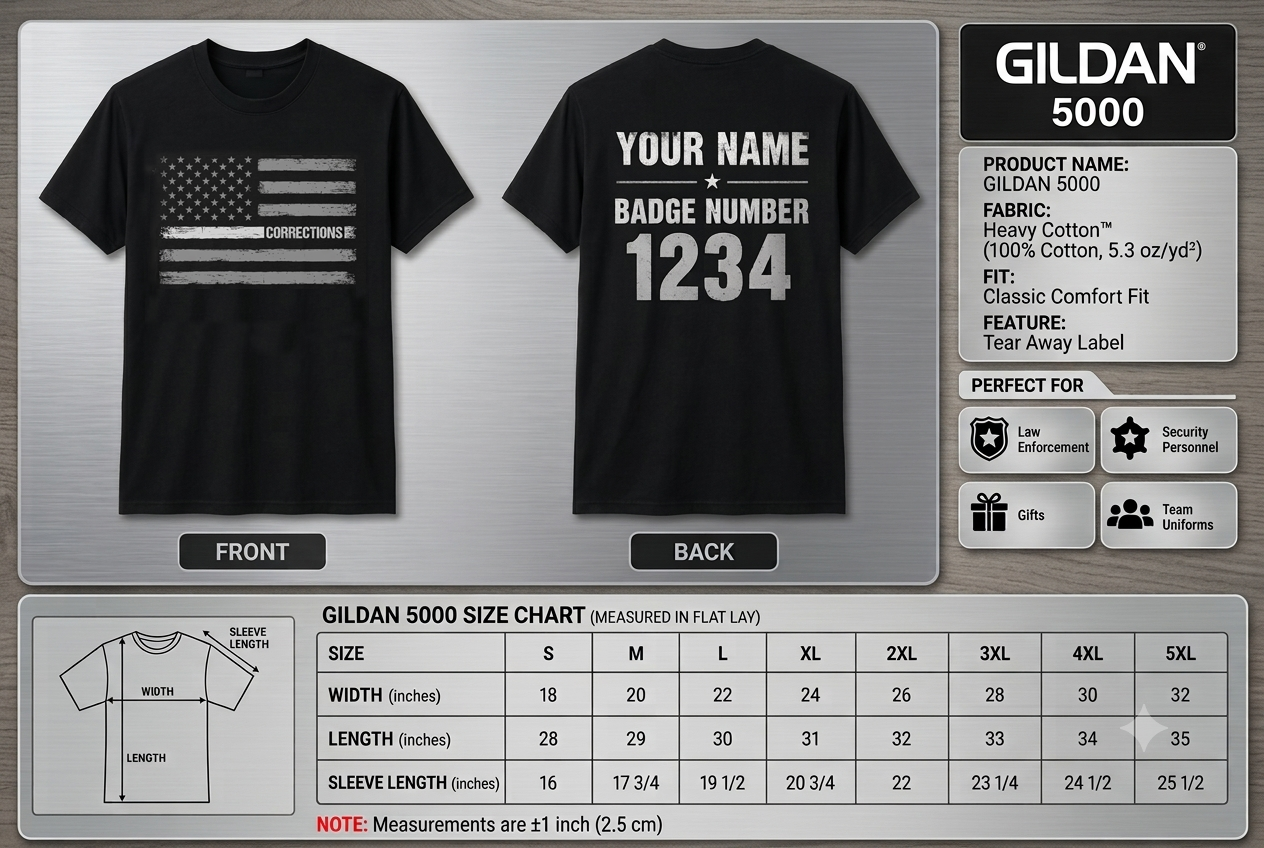 Custom Corrections Thin Silver Line Flag Shirt | Personalized Name Badge Number Correctional Officer