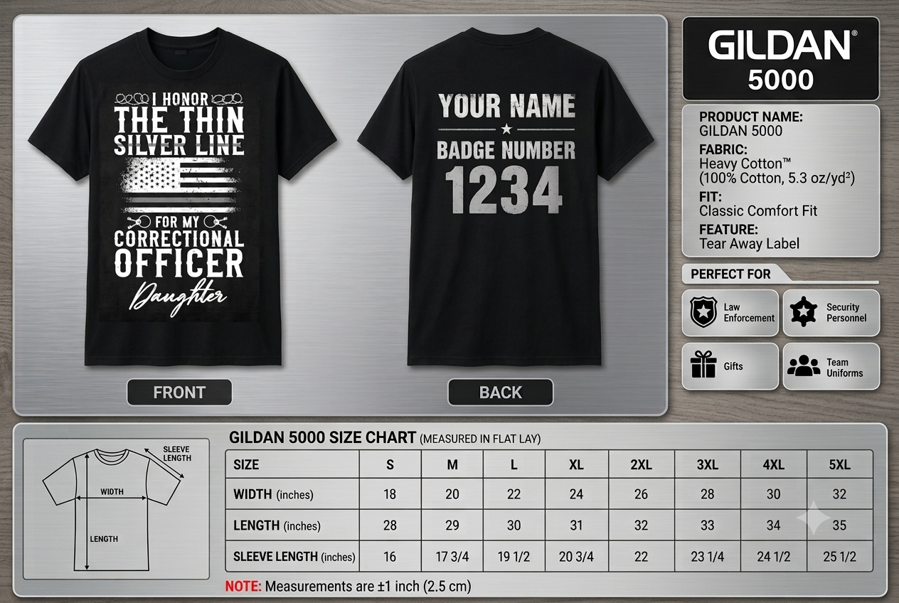 Custom Correctional Officer Daughter T-Shirt | Personalized Thin Silver Line Family Gift | Proud Prison Guard Dad Mom Law Enforcement