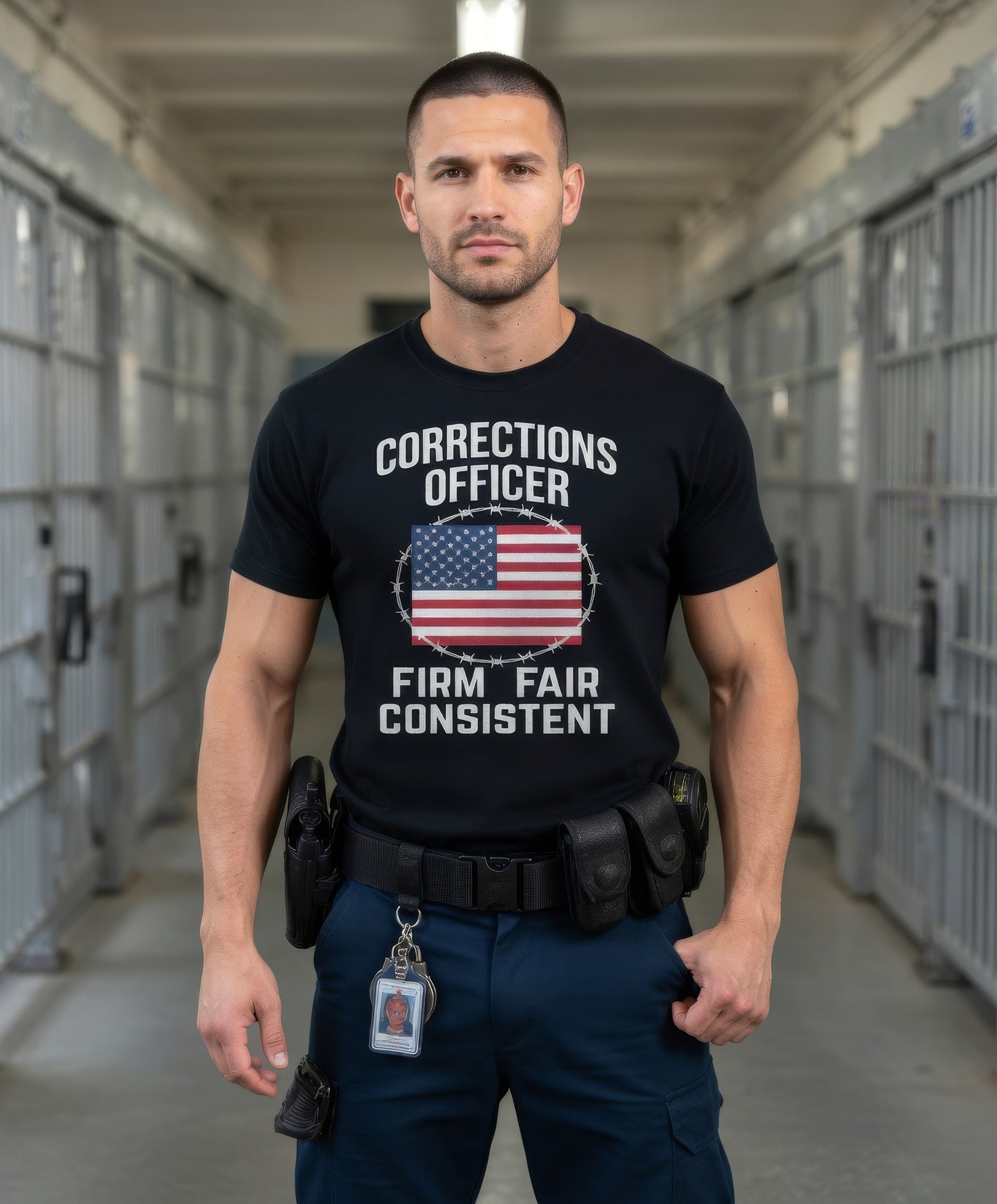 Custom Name Corrections Officer Shirt, Firm Fair Consistent American Flag Prison Guard Tee