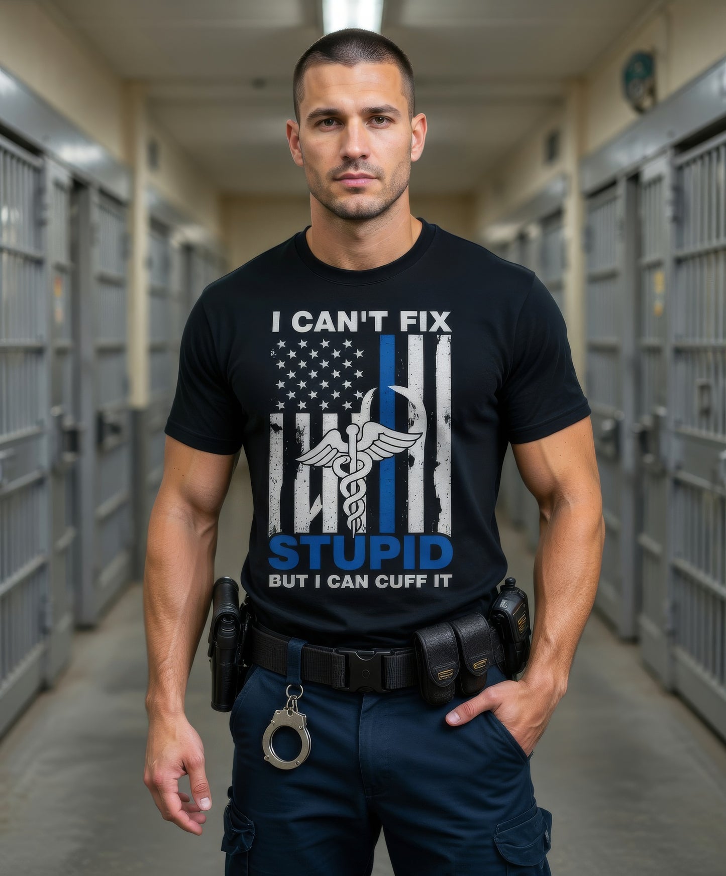 Funny Custom Name Correctional Officer Shirt, I Can't Fix Stupid But I Can Cuff It Gift Tee