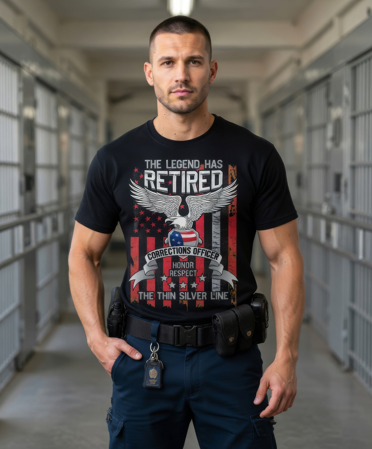 Custom Name Retired Corrections Officer Shirt, Thin Silver Line Legend Retirement Gift Tee