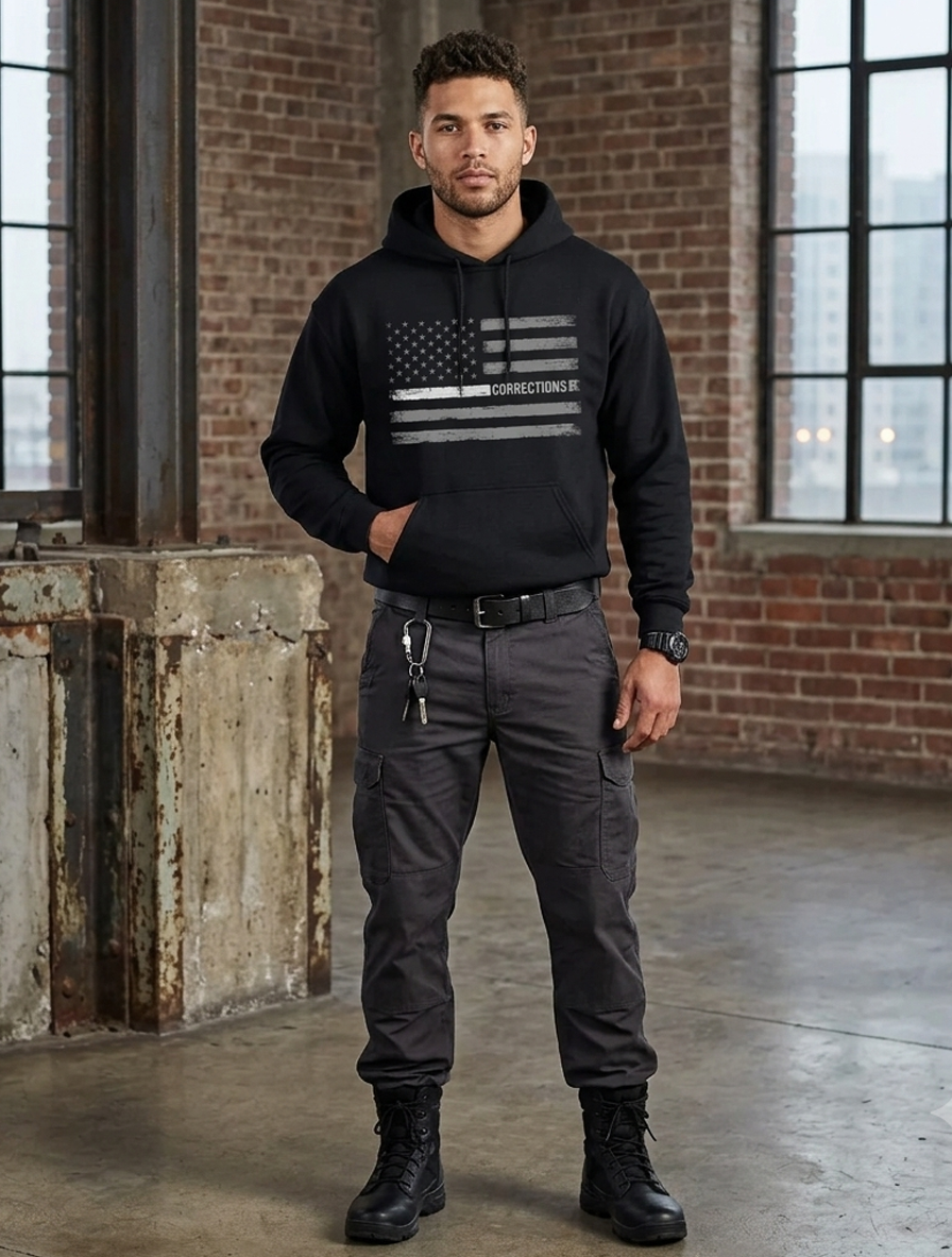 Custom Name Corrections - Thin Silver Line Flag for Correctional Officer Hoodie