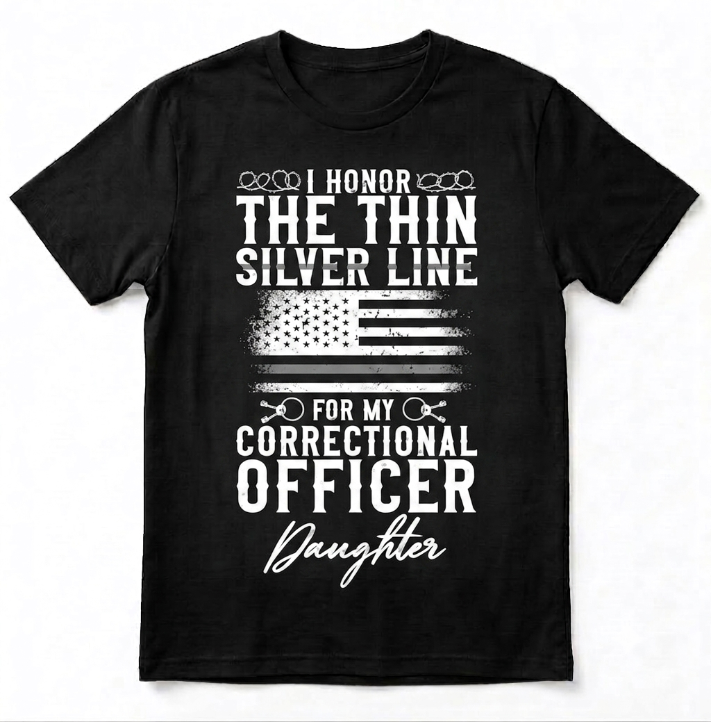 Custom Correctional Officer Daughter T-Shirt | Personalized Thin Silver Line Family Gift | Proud Prison Guard Dad Mom Law Enforcement