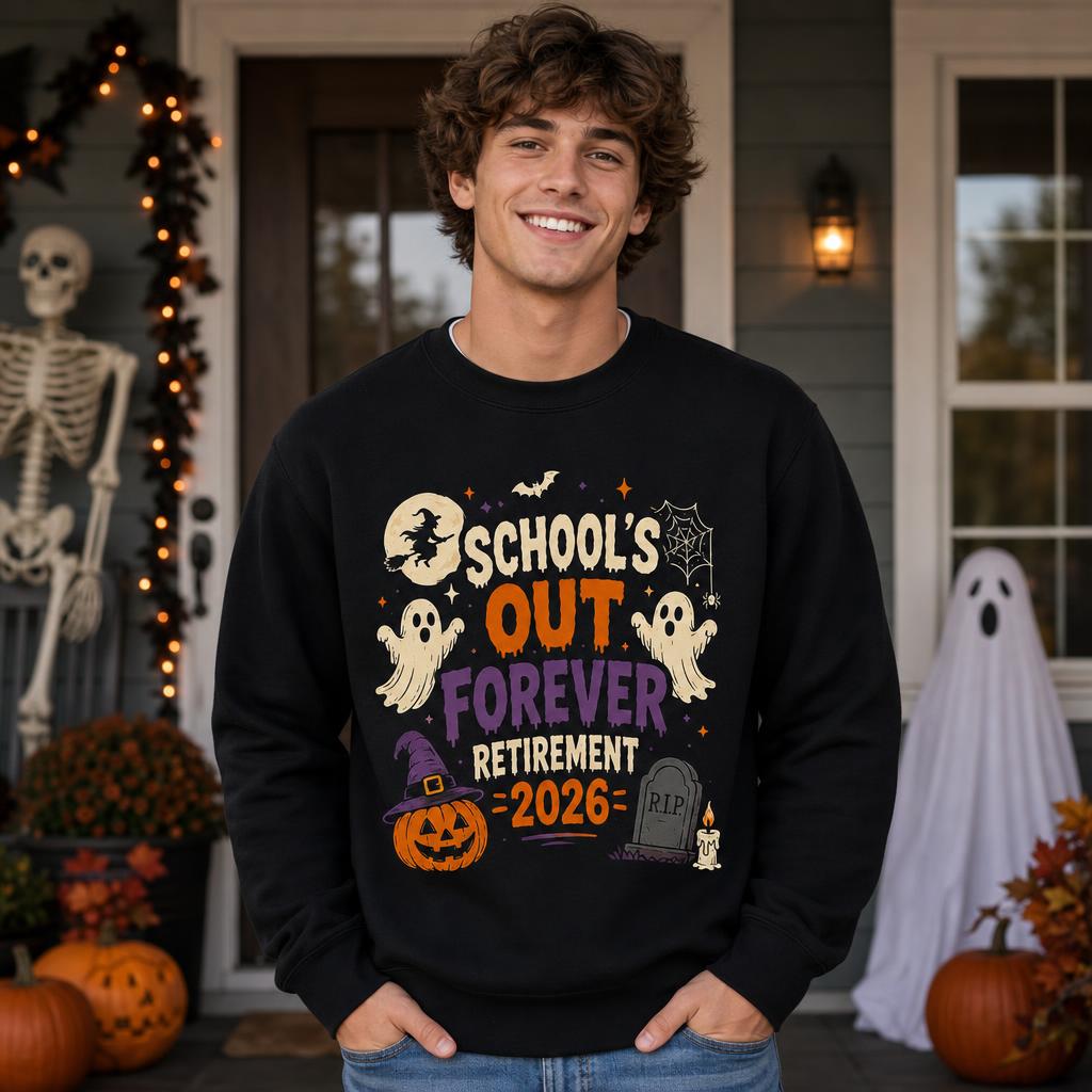 Custom Retro Halloween Teacher Retirement Sweatshirt School's Out Forever