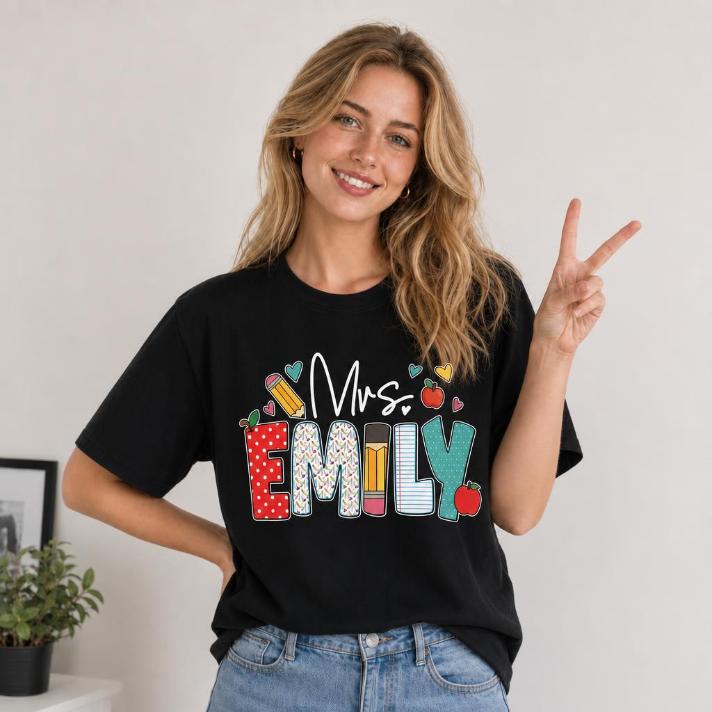 Custom Teacher Name Shirt Colorful Applique Alphabet Unisex T-Shirt