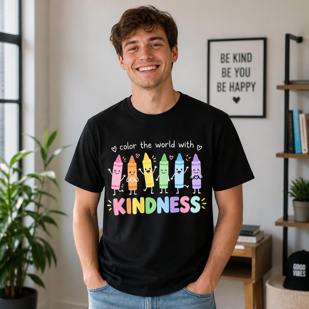 Personalized Custom Color the World with Kindness Cute Crayon Teacher Unisex T-Shirt