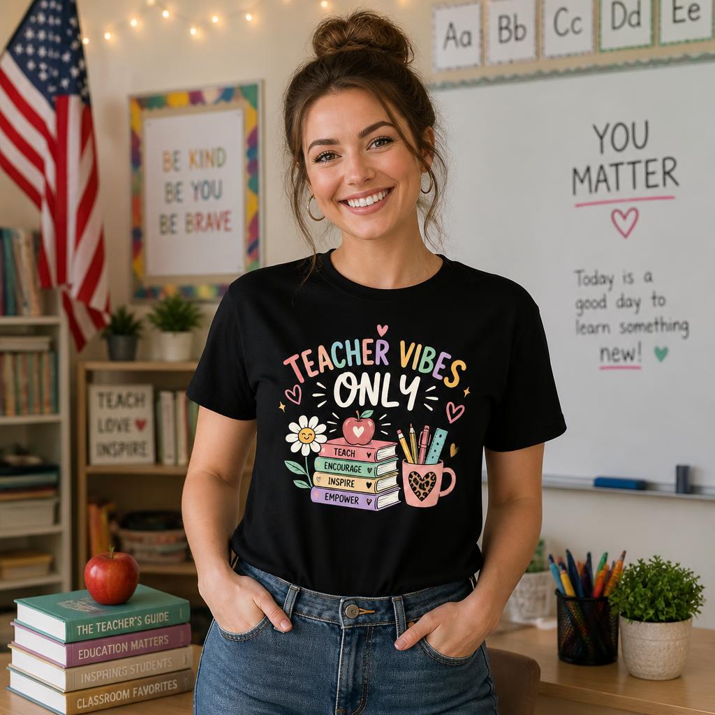 Personalized Teacher Shirt Teacher Vibes Only Books Glasses Custom Name Tee