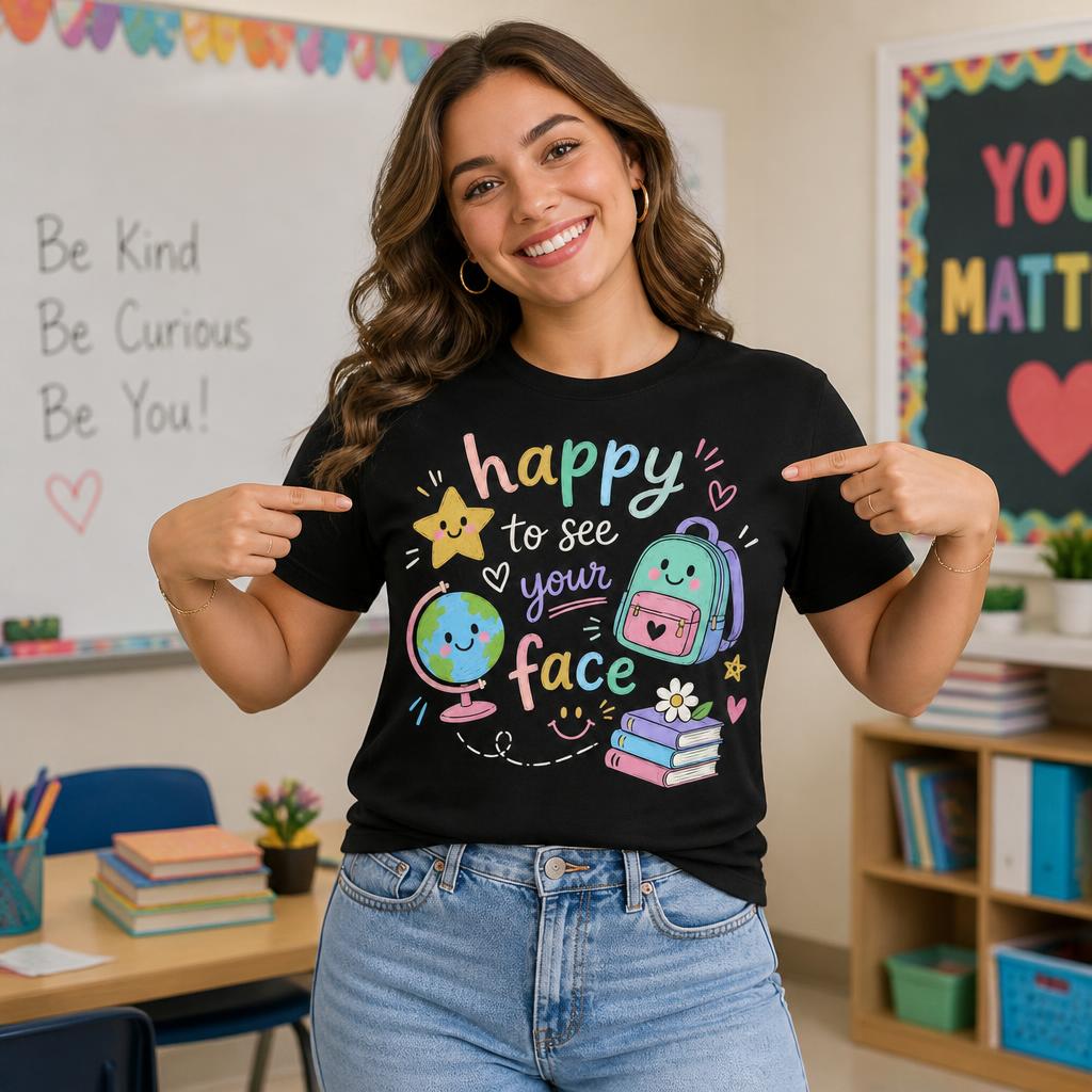 Custom Teacher T-Shirt Happy To See Your Face Back To School Name Gift