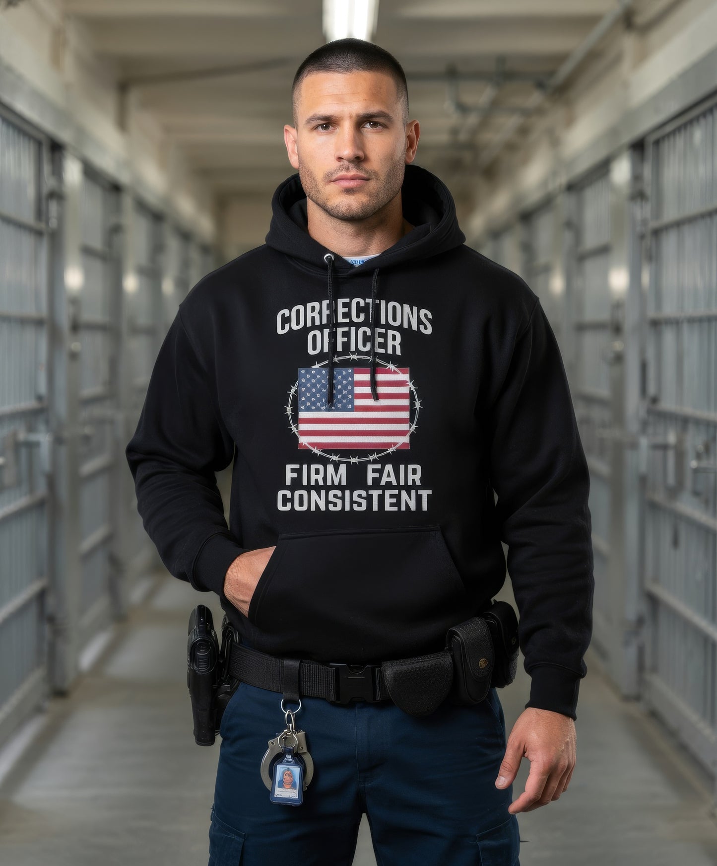 Custom Name Corrections Officer Hoodie, Firm Fair Consistent American Flag Prison Guard Hooded
