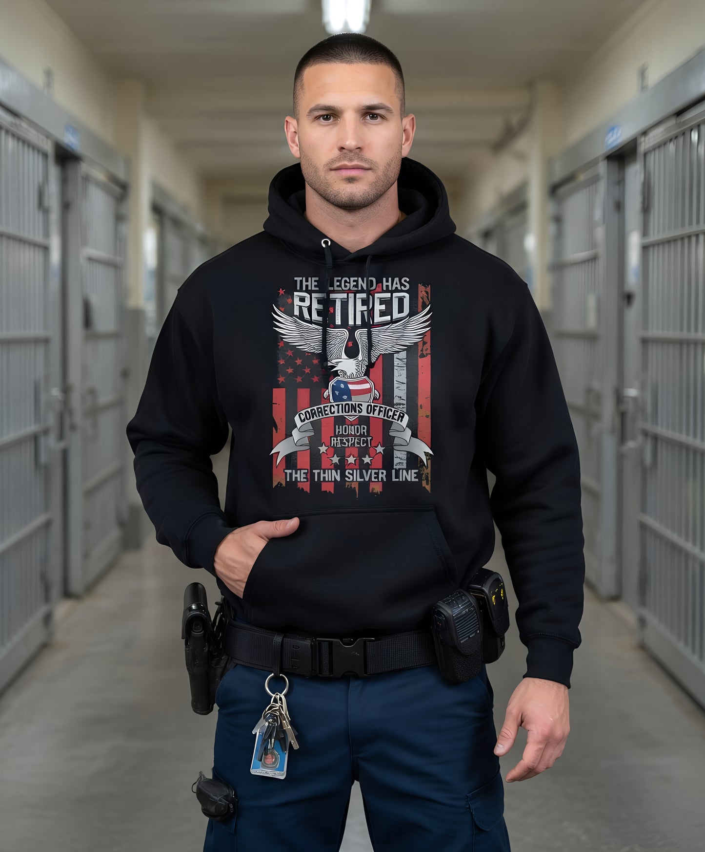 Custom Name Retired Corrections Officer Hoodie, Thin Silver Line Legend Retirement Gift Hooded